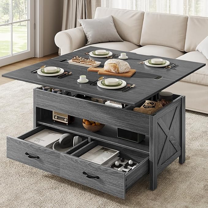 Marsail 40" Lift Top Coffee Table, 4 in 1 Coffee Table with Hidden Compartment, 1 Open Shelf and 2 Drawers, Multifunctional Farmhouse Center Table for Living Room and Home Office, Gray