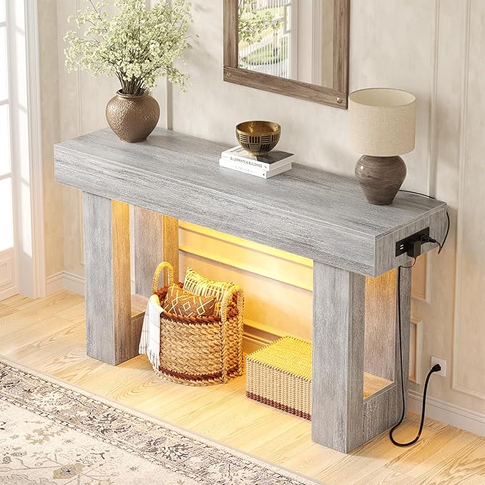 Unikito 47" Entryway Table with Socket and Sensor Light, Narrow Console Table with Storage Behind Couch, Farmhouse Entry Way Tables with Open Storage for Entrance/Hallway/Living Room, White Oak