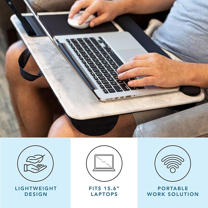 LAPGEAR Home Office Pro Lap Desk with Wrist Rest, Mouse Pad, and Phone Holder - White Marble - Fits up to 15.6 Inch Laptops - Style No. 91591
