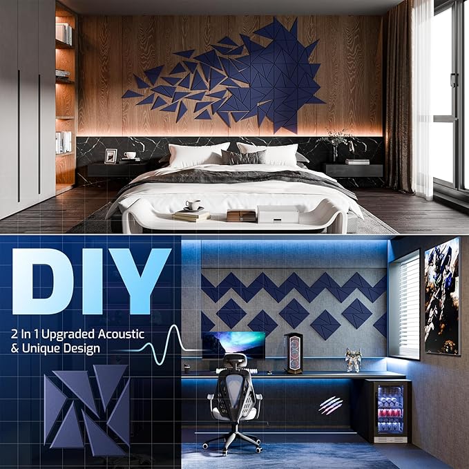 12 Pack Acoustic Panels with Self-Adhesive, 12"X 12"X 0.4"Sound Proof Foam Panels, Sound Panels High Density, Soundproof Wall Panels for Home Studio Office-Dark Blue
