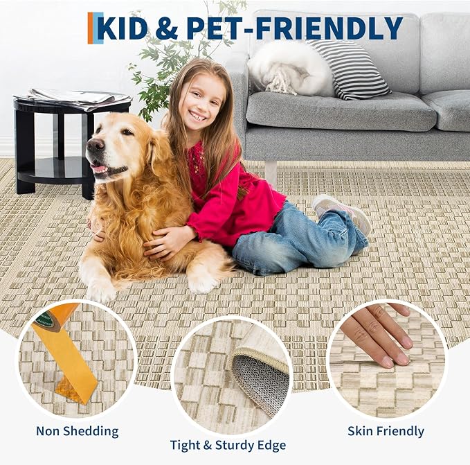 Washable Area Rug 5x7 Rug for Living Room Modern Large Area Rug for Bedroom Aesthetic Non Slip Throw Rugs Soft Faux Wool Low Pile Stain Resistant Carpet for Dining Room 5'x7' Beige