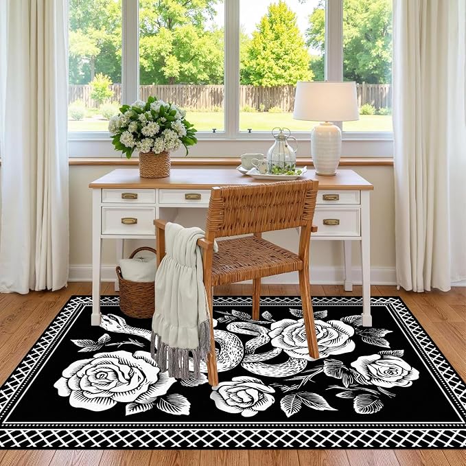 3'x5' Gothic Snake and Rose Area Rug Black and White Floral Vine Floor Mat Retro Boho Carpet Washable Low Pile Indoor Rugs for Entryway Bedroom Living Room Kitchen Home Decor