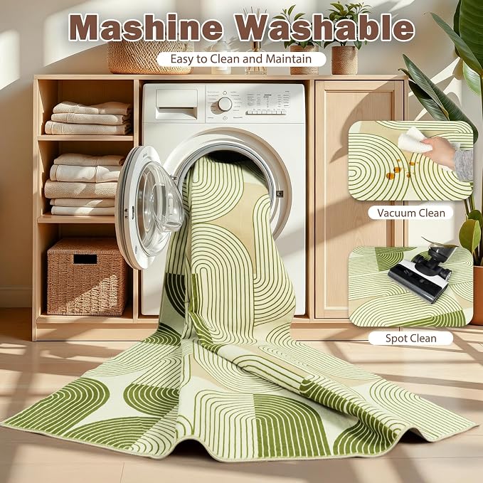 Rugs for Living Room, Soft Green Area Rug for Bedroom 4x6, Washable Mid Century Modern Rug, Non Slip Indoor Floor Boho Low Pile Abstract Carpet for Dining Room Nursery Office Home