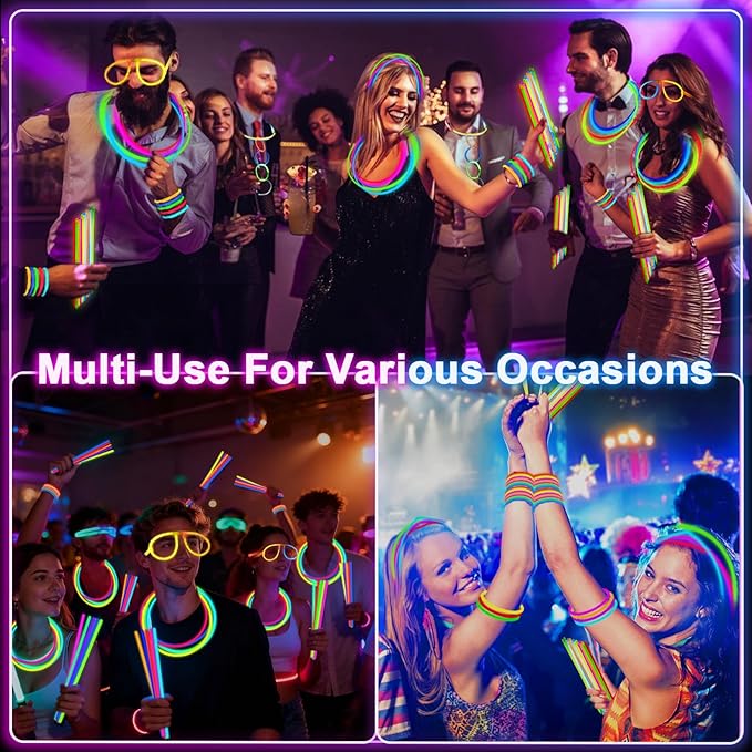 TURNMEON 100 Pack Ultra Bright New Year Eve Party Supplies Glow Sticks Bulk Party Pack Glow In The Dark Party Supplies Favors Glow Sticks Necklaces Bracelets with Connector 8" Glow stick Light Up