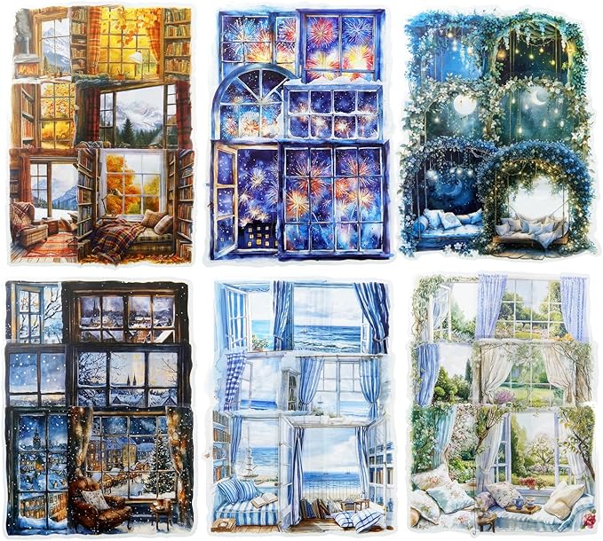 AuriicLeaf Window Scenery PET Sticker Set, 60Pcs Large Landscape Stickers for Scrapbooking, Journaling, Junk Journal Supplies, and DIY Crafts