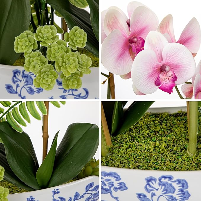 Briful Orchid Artificial Flowers 18in Pink Fake Orchid Silk Flowers with Blue and White Ceramic Pot Faux Phalaenopsis Arrangement for Home Office Room Dining Table Centerpiece Modern Decor