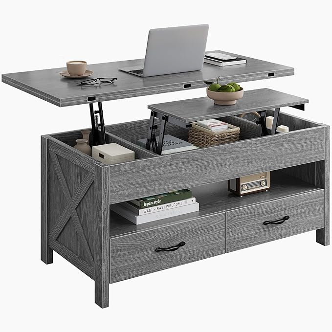 Marsail 40" Lift Top Coffee Table, 4 in 1 Coffee Table with Hidden Compartment, 1 Open Shelf and 2 Drawers, Multifunctional Farmhouse Center Table for Living Room and Home Office, Gray