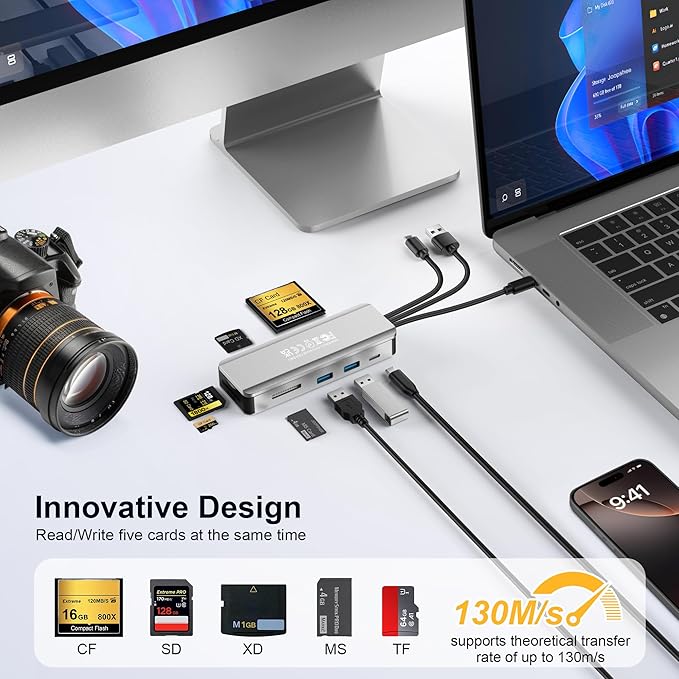 8in1 Multi SD Card Reader Adapter Aluminum with Card Storage Carrying Box SD/TF/CF/MS/XD/Cfast/Memory Stick Pro Duo USB3.0 C&A Port for Phone/Pad/PC/Laptop,No Application Required Plug and Play