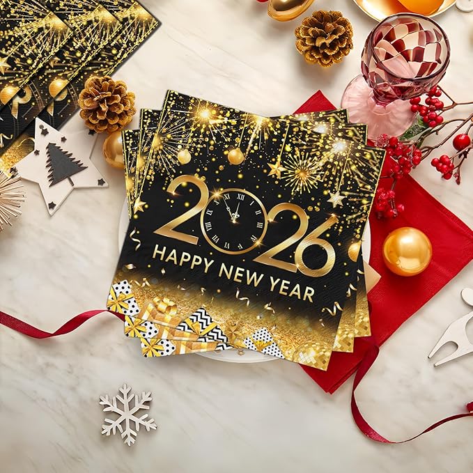 48 Pcs Happy New Year Napkins 2026 New Years Eve Party Supplies Black Gold Disposable New Year Paper Napkin for New Years Table Decorations