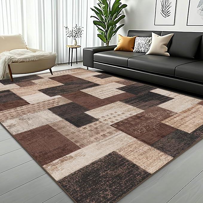 Modern Geometric Patchwork Indoor Area Rug for Living Room, Chocolate 10'x 14' Large Rug Rockwood Collection Hardwood Floors Decor for Bedroom, Brown Throw Carpet for Office Dining Room