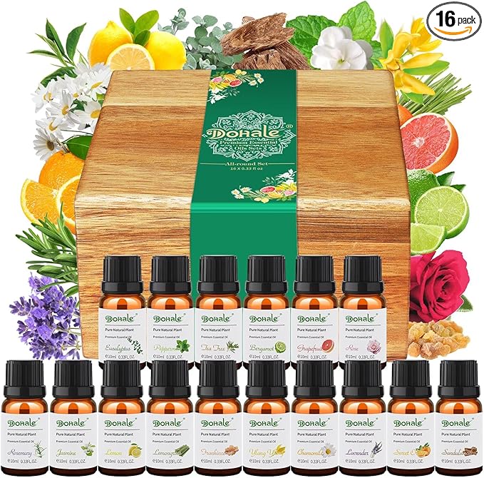 Dohale Essential Oils Set Acacia Wood Gift Box - Top 16 Relax, Stress Relief, Sweet Dreams, Energize, Aromatherapy Oils for Diffuser Hotel Scent Home Fragrance Candle Making 10ml