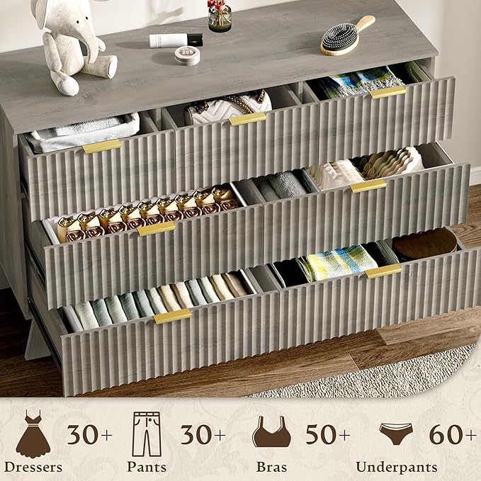 HUANLEGO Fluted Dresser for Bedroom with 7 Drawer, Mid Century Modern Chest of Drawers, 48" Wide Natural Wood Dresser for Closet, Wooden Boho Chest Closet Storage TV Stand for Bedroom, Grey