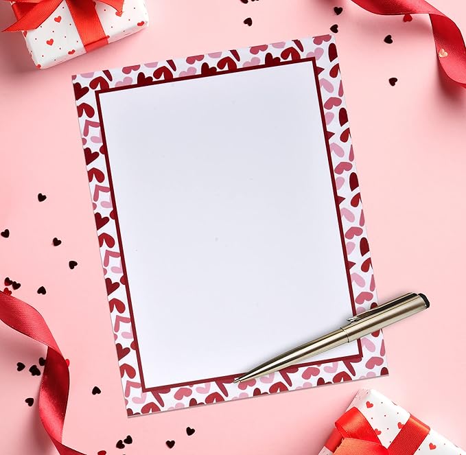 Gift Boutique - 100 Valentines Day Stationary Paper 8.5" X 11" Valentine Hearts Stationery Letterhead with Border for Writing Letters, Poems, Printing Invitation, Valentines Heart, Printable Papers