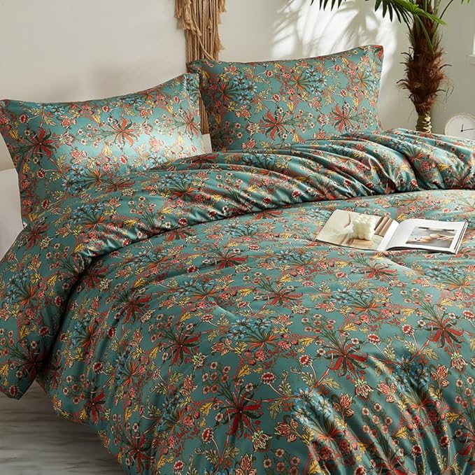 LifeTB Boho Floral Comforter Set Twin XL Vintage Flowers Plants Botanical Comforter 3 Pieces Cottagecore Bedding Set Soft Fluffy Lightweight Farmhouse Bed Set with 2 Pillowcases for All Seasons