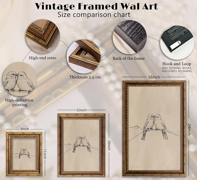 Vintage Gold Framed Bird Canvas Wall Art Two Birds Sketch Wall Decor Vintage Farmhouse Sketch Animals Artwork Retro Birds Painting Retro Rustic Print for Farmhouse Bedroom Living Room 9X11in