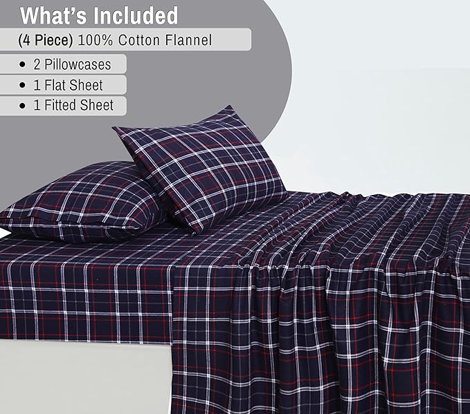 RUVANTI Flannel Sheets California King Size - 100% Cotton Brushed Cal King Bed Sheets Set - Deep Pockets 14 Inches - All Seasons Breathable & Extra Soft - Warm & Cozy, 4 Piece, Yankees Blue