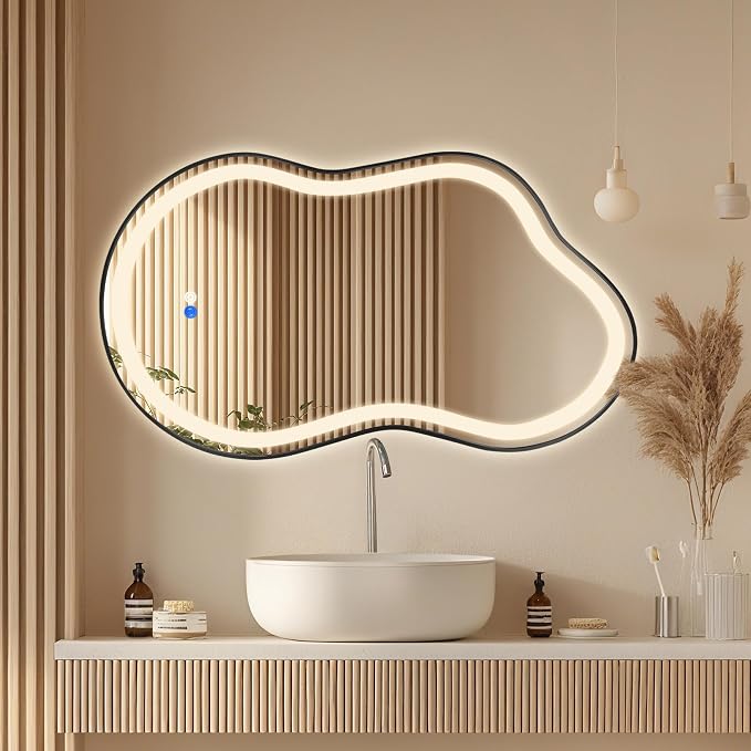 Dorlicecass Irregular Led Bathroom Mirror- Black 26"x46" Single Piece Vanity Mirror with Lights IP54 Enhanced Anti-Fog, 3 Colors Dimmable, Memory,Tempered Glass,UL Listed