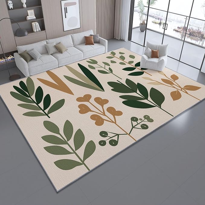 Area Rugs for Living Room, 3x5 Washable Rug Green Soft Low Pile Non-Slip Carpet Stain Resistant Carpets for Bedroom Dining Room Farmhouse Nursery, Retro Leaves Bohemian Plants