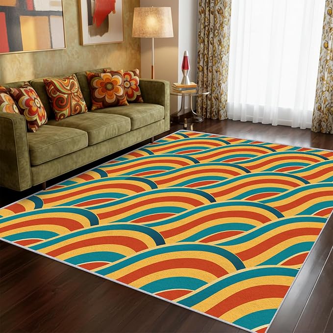 70s Rug 6x9 Retro Abtract Groovy Stripes Pattern Area Rugs for Living Room, Bedroom, 70s Home Decor Accessories Indoor Carpet, Non Slip & Machine Washable, GD0369