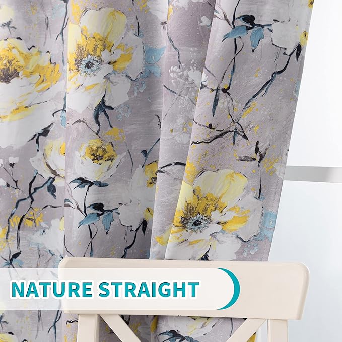 MYSKY HOME Yellow Floral Curtains, 108 Inch Length, 2 Panels, Thermal Insulated, Room Darkening, Grommet, Vintage Decorative Curtains for Living Room in Grey and Yellow