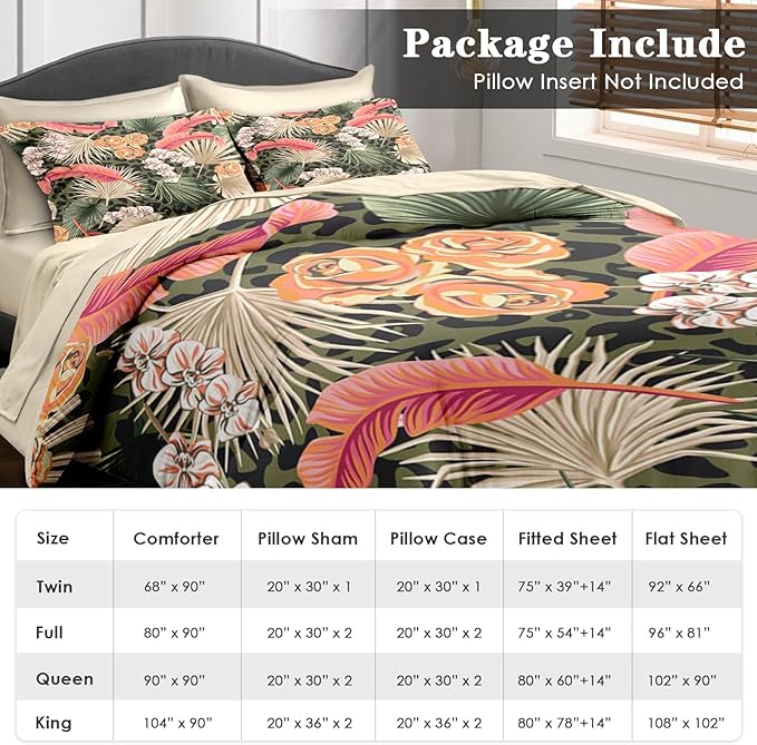 Comforter Set King Size, Summer Tropical Flowers 7 Pcs Bedding for Kids and Adults, Hawaiian Palm Leaf Leaves Bed Sheet Sets with Fitted Sheet 2 Pillowcase & 2 Sham for Bedroom Bed Decor