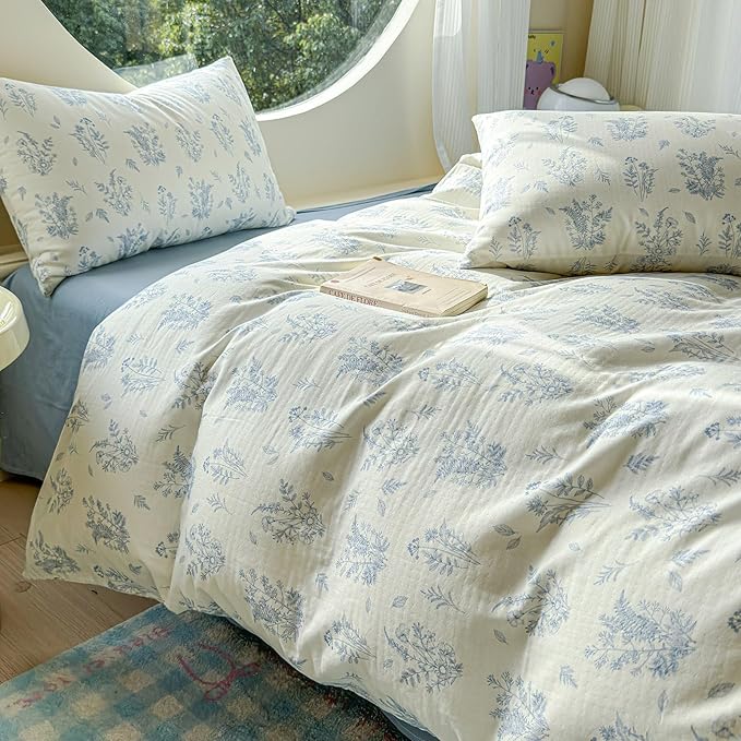 LifeTB Muslin Duvet Cover Set Queen Vintage Botanical Floral Duvet Cover 100% Cotton Linen Feel Flower Bedding Set Super Soft Gauze Comforter Cover Breathable Lightweight Cottagecore Bedding Set