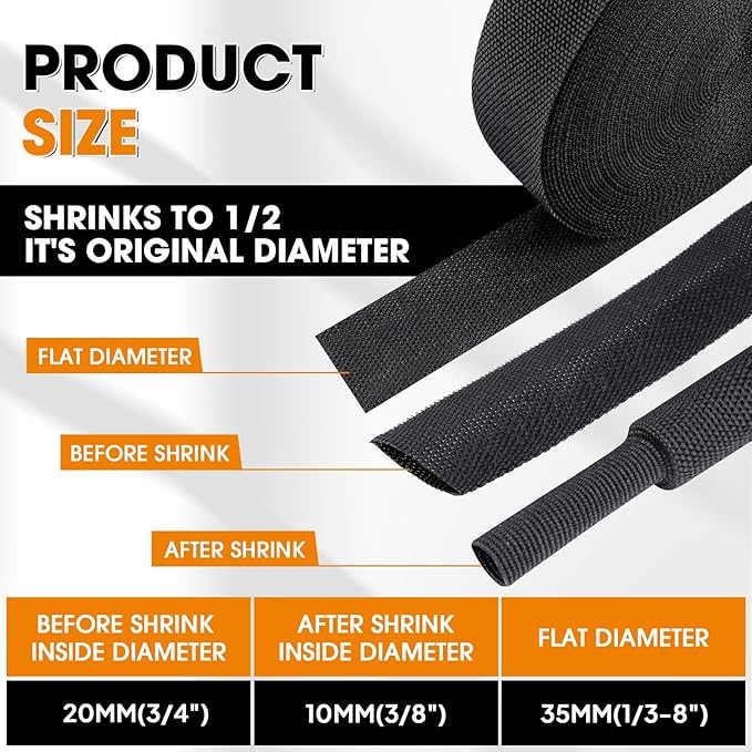 Black 2:1 Ratio Automotive Heat Shrink Braided Sleeving,Wear-Resistant Flat Woven Shrinkable Sleeve Fabric Car Cable Wires Hoses Protection (3/4"-15ft)