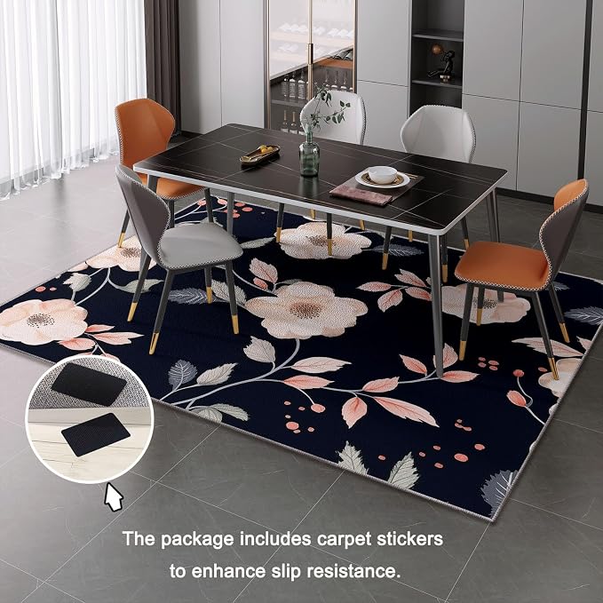 Area Rugs for Living Room, 3x5 Washable Rug Black Soft Low Pile Non-Slip Carpet Stain Resistant Carpets for Bedroom Dining Room Farmhouse Nursery, Retro Branches and Leaves Elegant Flowers