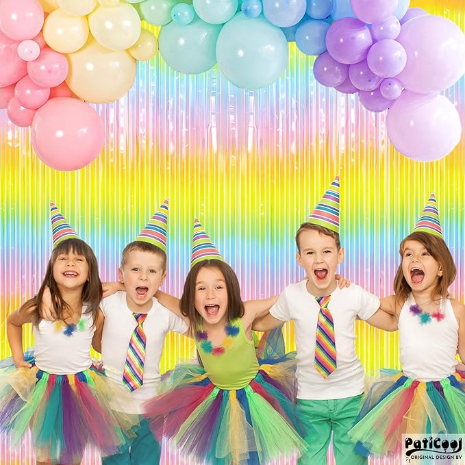Thicken Pastel Rainbow Streamers 4 Pack 3.2 x 8.2 FT, Pastel Birthday Decrorations Tinsel Backdrop Curtains, Foil Fringe Photo Backdrop for Baby Shower, Easter, Spring Party Decorations