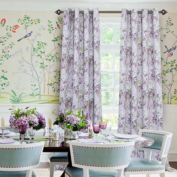MYSKY HOME Purple Curtains 90 Inches Long 2 Panels Living Room Curtains Half-Blackout Flowers and Leaves Curtains Panels for Bedroom Printed Drapes with Grommet