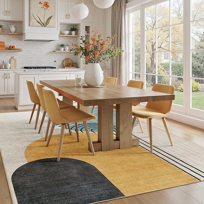 DCX Machine Washable Area Rug 4x6, Midcentury Modern Non Slip Stain Resistant Rug 4x6 for Living Room, Bedroom, Dining Room, Soft Low Pile Large Carpet, Blue & Yellow