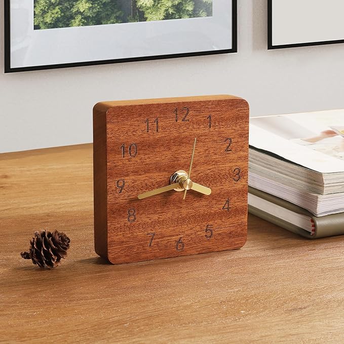Kattepote Wooden Table Clock on Stand, Decorative Battery Operated Desk and Shelf Clock, Silent Non-Ticking Desktop Clock for Office, Living Room or Bedroom Decor, Square Shape, Sapele Wood