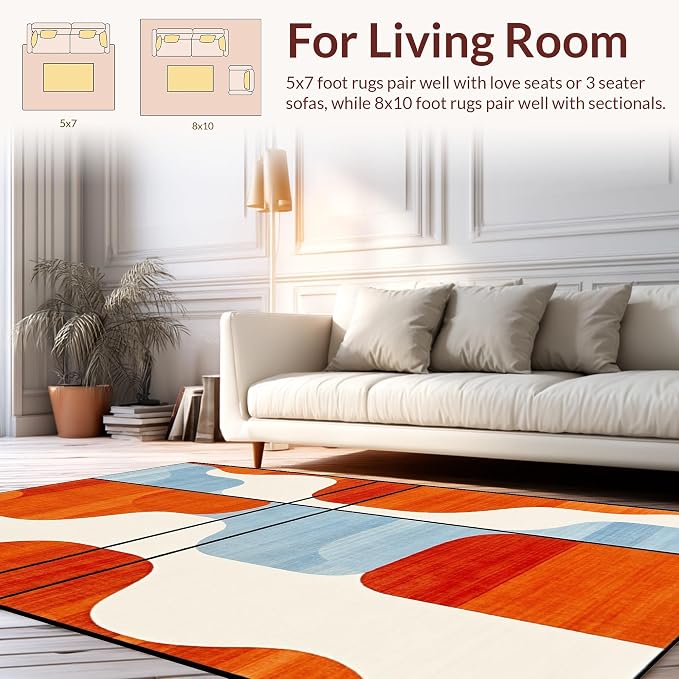 Flatwoven High Traffic Area Rug 8x10, Modern Art Deco with Geometric Flair and Colorful Accents, Non Slip, Stain Resistant, Washable Area Rugs for Living Room, Bedroom (Orange, 8x10)