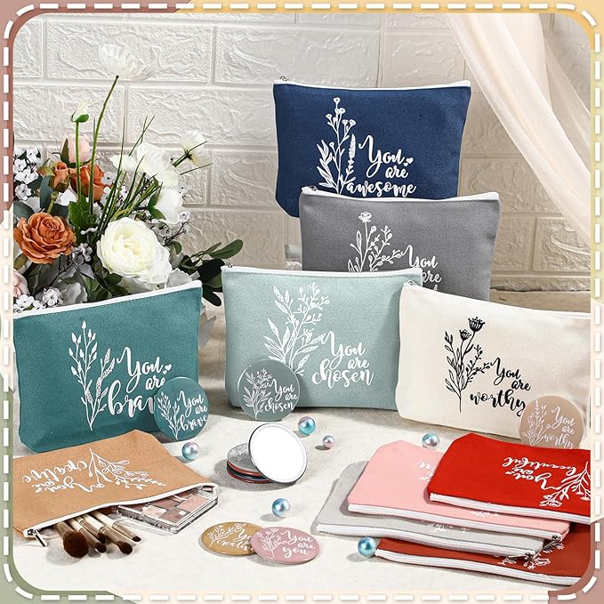 60 Pcs Employee Appreciation Gifts For Women Inspirational Canvas Makeup Bags Portable Compact Mirror Bulk Cosmetic Bags Thank You Gifts for Social Worker Coworkers (Botanical,Vintage)
