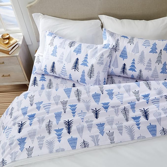 Market & Place 100% Turkish Cotton Flannel Sheet Set | 4 Piece Deep Pocket Novelty Cozy Winter Bed Sheets | Double Brushed for Extra Softness & Comfort | Alpine Collection (Full, Blue Forest)