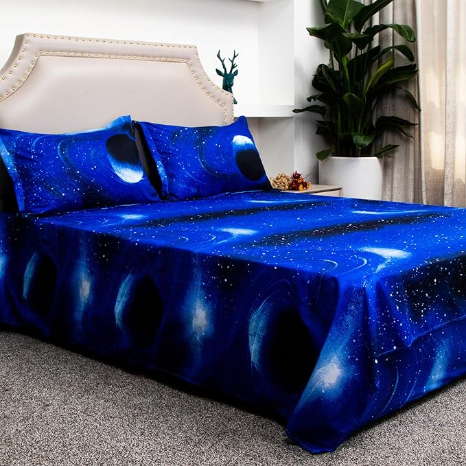 Bedlifes Galaxy Outer Space Sheet Set, Galaxy Themed, 3 pcs Including Flat Sheet, Fitted Sheet, and 1 Pillowcase (Light Blue King)