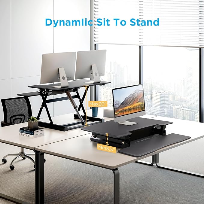 32" Electric Standing Desk Converter, Dyropcurv Series Height Adjustable Computer Desk Ergonomic Home Office Desk for Adults, Sit to Stand Desk with Quiet Motor, Dark Gray