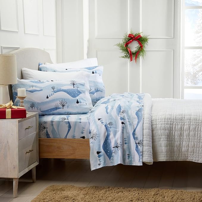 Market & Place 100% Cotton Twin Flannel Sheet Set | 3 Piece Deep Pocket Novelty Cozy Winter Bed Sheets | Double Brushed for Extra Softness & Comfort | Alpine Collection (Twin, Winter Landscape)