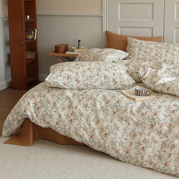 LifeTB Rustic Flower Duvet Cover King Botanical Garden Floral Bedding Set 100% Cotton Vintage Country Style Girls Comforter Cover Flower Branches Pattern Cottagecore Bedding Set King Size