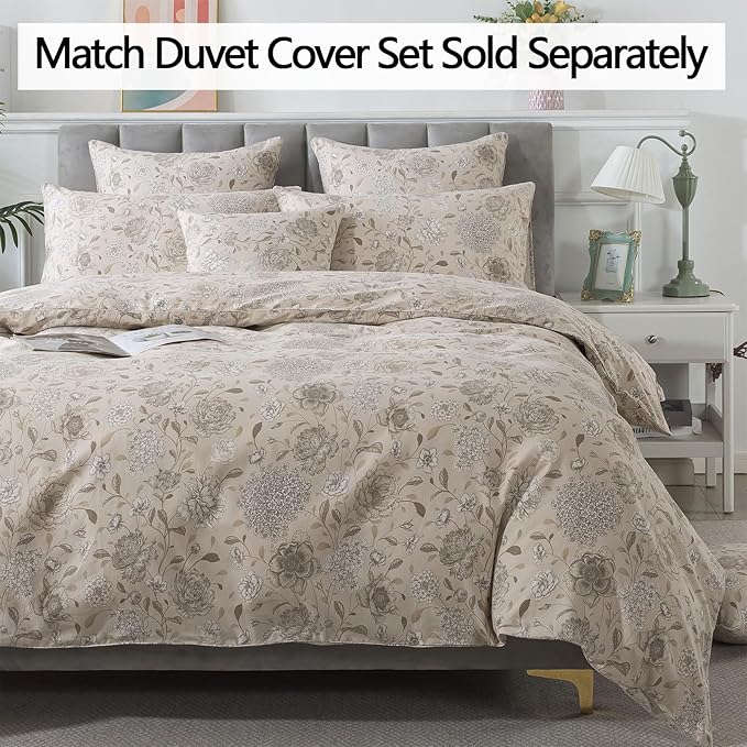 FADFAY Light Khaki Vintage Hydrangea Floral King Size Sheets Set 100% Brushed Cotton Shabby Peony Pattern Bedding Set Deep Pocket Sheets with 2 Pillowcases Luxury Daisy Breathable Soft 4pcs, King Size