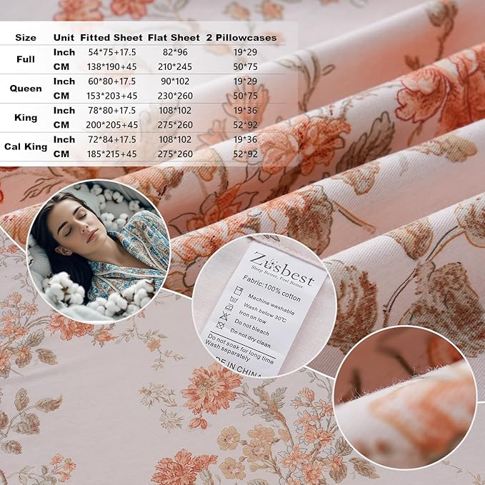 Zusbest Queen Sheet Set 100% Percale Cotton Orange Floral Bed Sheet Set, Brushed for Extra Softness, Luxury Flannel Sheets Like Shabby Vintage Flower Print Deep Pocket Sheets 17.5'' 4 Pcs