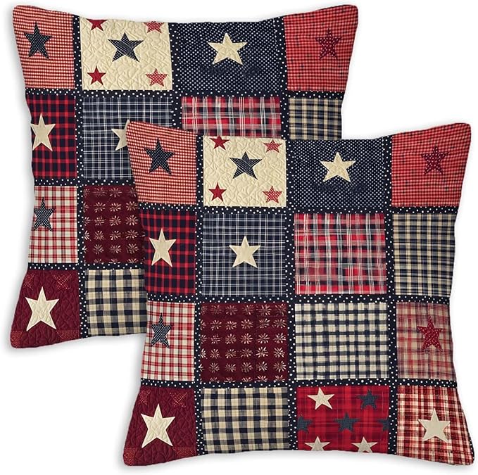 Flag Patchwork Print Throw Pillow Covers Set of 2 | 18x18 Inches Cushion Cases for Couch, Sofa, Bedroom and Living Room | Farmhouse Pillowcases for Home Decoration