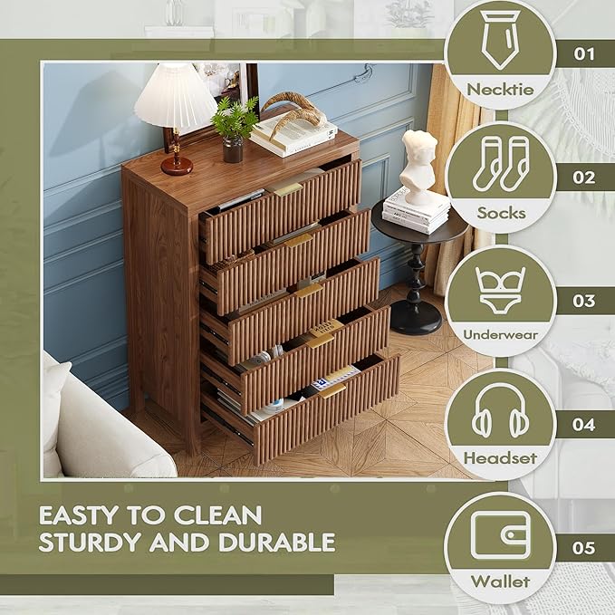 JZXSHD 5 Drawer Dresser, 43" Tall Dresser Organizer TV Drawer Cabinet Modern Wood Storage Cabinet, Modern Wood Storage Cabinet for Bedroom, Hallway, Entryway, Walnut Oak X 2