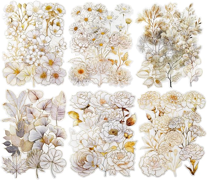 AuriicLeaf Floral PET Stickers – 60 Foil-Stamped Self-Adhesive Flower Designs Waterproof Transparent Stickers for Scrapbooking Journaling DIY Crafts and Decoration