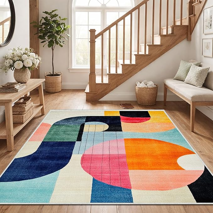 8x10 Colorful Area Rug Modern Abstract Orange Yellow Pink Blue White Beige Black Bedroom Rug Low Pile Thin Large Carpet Living Room Non Slip Dining Room Stain Resistant Office Washable Machine