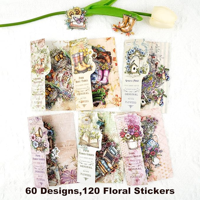AuriicLeaf Twilight Garden PET Stickers – 120Pcs Retro Botanical & Animal Stickers, Waterproof for Scrapbooking, Journaling, Crafting & DIY Decor