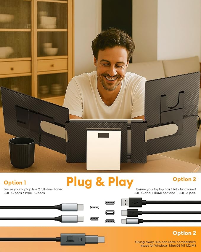 NGTeco 16" Laptop Triple Screen Extender, 1200P IPS Portable Monitor for Laptops 13-17", with Type-C/HDMI/USB-A, Plug & Play, Compatible with Windows/Mac/Chrome OS