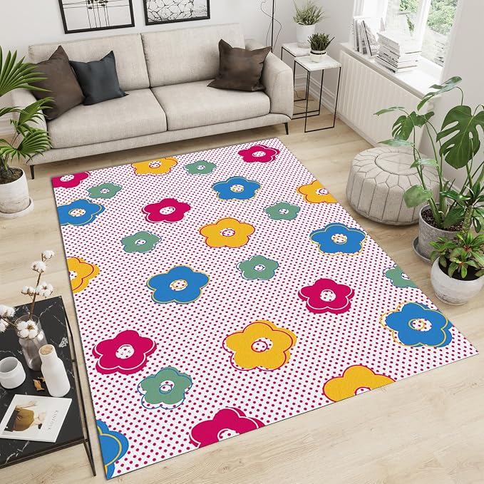 Cartoon Cute Flowers Area Rug, Pink Polka Dot Background Non Slip Decorative Rugs, Breathable Durable Carpet for Indoor Bedroom Living Room Sofa Office Floor Rug - 6 ft x 9 ft