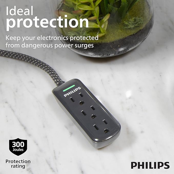 Philips 3-Outlet Grounded Extension Cord, 8 Ft Indoor with Surge Protection, Flat Plug Surge Protector Power Strip, 300 Joules, UL Listed, Black, SPC3434BB/37