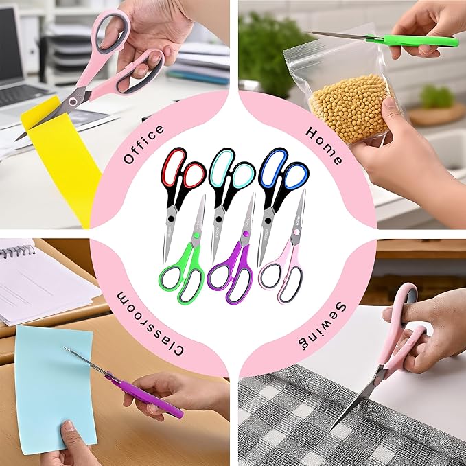 Black-Purple Scissors Pack, Rkqoa 8" Adult Scissors All Purpose - Comfort-Grip Sharp Shears for Office School Sewing Fabric Craft Art Supplies, Teacher/Class Everyday use, Classroom Must have
